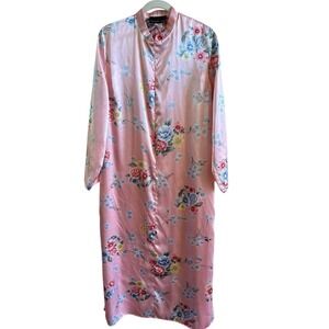 August Silk Pink Floral Woman's 1/4 Zip Lightweight Size Large Silky Robe